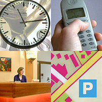 Schmuckgrafik - Bild zeigt eine Uhr, ein Telfon, ein Zeichen für einen Parkplatz und ein Bild von einer Richterbank